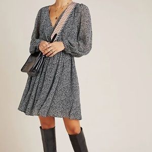 Maeve Anthropologie Carolyn Mini Leopard Print Black Dress Women's Size M🖤🐆